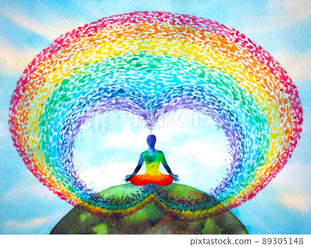 human meditate mind mental health yoga chakra spiritual healing abstract energy meditation connect the universe power watercolor painting illustration design drawing art 89305148