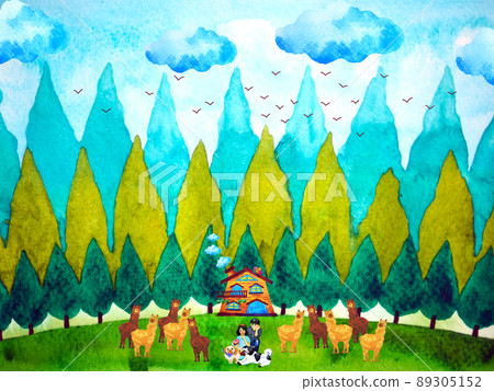people happy family man woman human picnic with dog alpaca pet country farm field cottage house home watercolor painting illustration design drawing christmas background 89305152
