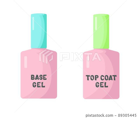 Base and top coating of gel varnish. Two pink bottles with a light green and turquoise lid and product names. Vector illustration in a flat style. Base and top coating of gel varnish. Two pink bottles with a light green and turquoise lid and product names. Vector illustration in a flat style. 89305445