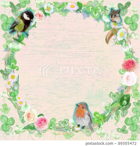 四葉草和白三葉草花環和鳥水彩風格卡片框架插圖 89305472