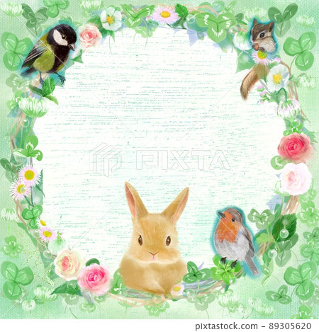 Four-leaf clover and white clover flower wreath and birds' watercolor-style card frame illustration 89305620