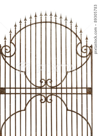 Rusty Wrought Iron Gate with Sharp Points Isolated on White Background 89305783