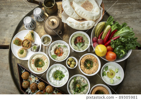 mixed middle eastern meze sharing food platter in turkish restaurant mixed middle eastern meze sharing food platter in turkish restaurant 89305981