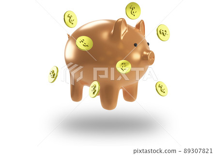 Hovering Piggy bank with falling dollar coins. 3d rendering. Hovering Piggy bank with falling dollar coins. 3d rendering. 89307821