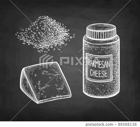 Grated Parmesan cheese chalk sketch. Grated Parmesan cheese chalk sketch. 89308138