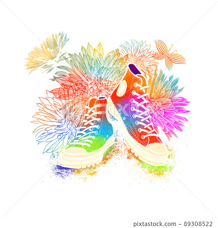 colorful sneakers with flowers and butterflies. T-shirt print. Vector illustration 89308522