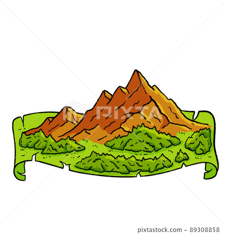 Mountains in engraving style. Landscape on map. Rocky peak and nature. Retro travel and hike in highlands. Medieval old manuscript 89308858