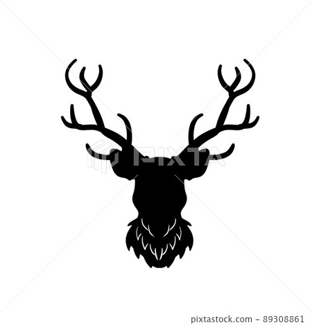 Head of deer. Black silhouette of stag. Horned forest animal. Hipster logo. 89308861