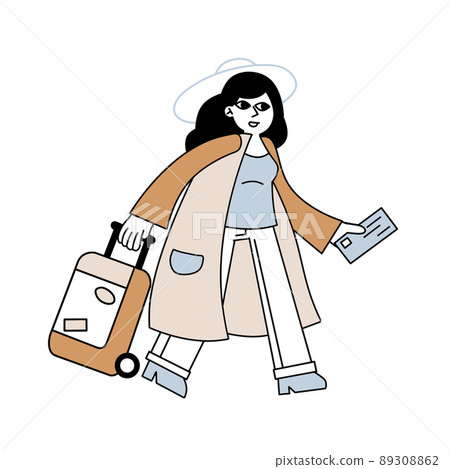 Woman at airport. Girl with suitcase is hurry. Luggage and baggage. Ticket in hand. Outline cartoon isolated on white. Minimalist Female character goes on vacation 89308862