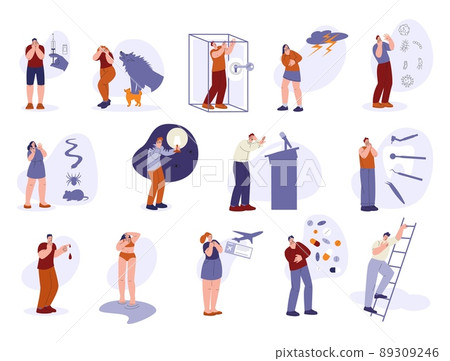 Mental disorder and psychiatric disappointed. Female male fears, illness or paranoia. Emotional depressed, frustrated and anxiety kicky people vector scenes 89309246