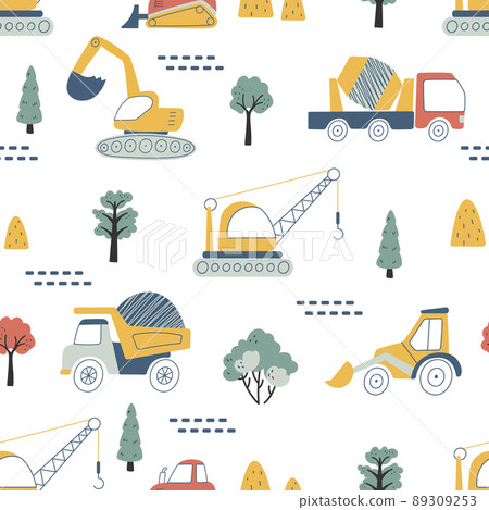 Kids truck seamless pattern. Doodle trucks, construction vehicles with crane. Children apparel print template with car. Scandinavian nowaday vector background Kids truck seamless pattern. Doodle trucks, construction vehicles with crane. Children apparel print template with car. Scandinavian nowaday vector background 89309253