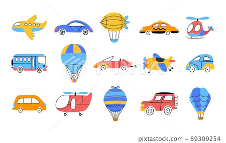Isolated children transport. Cartoon kids airplane, cars and hot air balloons. Flat vehicles clipart, auto and aircraft. Nowaday transportation vector set Isolated children transport. Cartoon kids airplane, cars and hot air balloons. Flat vehicles clipart, auto and aircraft. Nowaday transportation vector set 89309254