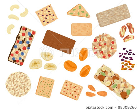 Healthy snacks set. Muesli bars, brazil nuts and seeds. Granola, nut mix and crackers with herbs. Isolated vegan kit fast food decent vector collection 89309266