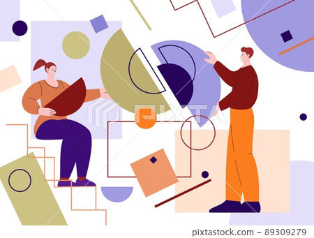 Geometric shapes business metaphor. Colleagues collaborative, employees and idea. Management shaping process, corporate teamwork kicky vector scene 89309279