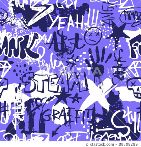 Graffiti abstract seamless pattern. Teenager graphics style print, colorful street art decorative textile. Abstract neoteric vector background with grunge spots 89309289
