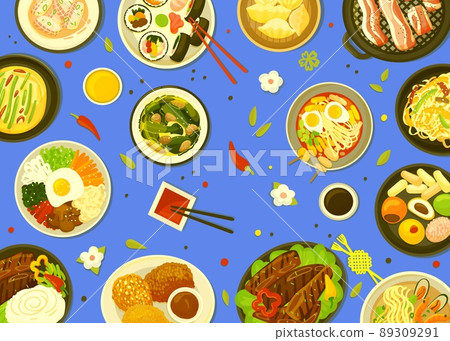 Top view korean meal. Barbecue asian or traditional buffet. Lunch soup, kimchi and bbq. Vegetarian and meat dishes, oriental food, neoteric vector background 89309291