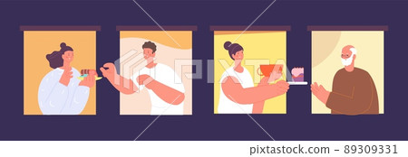 People sharing food. Festive time, support and helping. Students, adult and senior person in windows. Neighborhood, good relationship vector scene People sharing food. Festive time, support and helping. Students, adult and senior person in windows. Neighborhood, good relationship vector scene 89309331