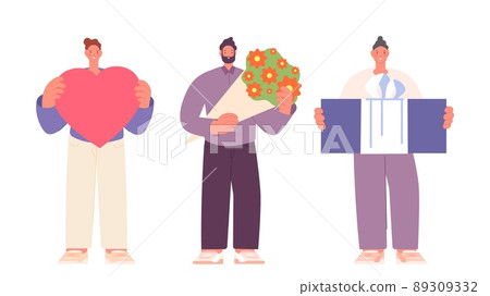 Men holding heart, present box and flower bouquet. Congratulation male characters, greetings to birthday, woman day or romantic dating. Vector cartoon isolated boys Men holding heart, present box and flower bouquet. Congratulation male characters, greetings to birthday, woman day or romantic dating. Vector cartoon isolated boys 89309332
