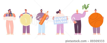 Happy woman man holding clock, ball, pencil, houseplant. People and things, girl with pills or medications. Diverse isolated cartoon vector characters 89309333