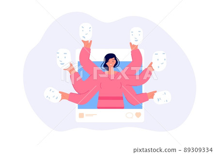 Fake emotions social media. Woman hold different emotional masks. Mental disorder, psychology problems girl. False happiness and joy, virtual lie vector concept 89309334