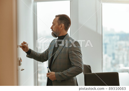 Cheerful bearded adult male freelancer planning new project 89310083