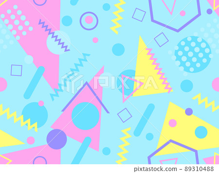 Memphis seamless pattern with geometric shapes in 80s and 90s style. Geometric shapes of different shapes and colors. Design of promotional products, wrapping paper and printing. Vector illustration Memphis seamless pattern with geometric shapes in 80s and 90s style. Geometric shapes of different shapes and colors. Design of promotional products, wrapping paper and printing. Vector illustration 89310488