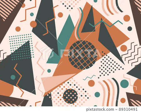 Memphis seamless pattern with geometric shapes in 80s and 90s style. Geometric shapes of different shapes and colors. Design of promotional products, wrapping paper and printing. Vector illustration 89310491