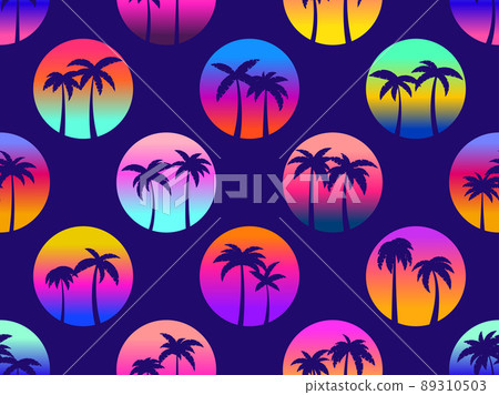 Seamless pattern with palm trees on the background of the sun in the style of the 80s. Futuristic sun with gradient. Design of banners and promotional items. Vector illustration Seamless pattern with palm trees on the background of the sun in the style of the 80s. Futuristic sun with gradient. Design of banners and promotional items. Vector illustration 89310503