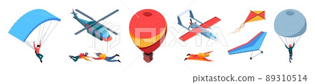 Air adventure. Hang gliders air balloons parachuting tandem jumpers garish vector flying travellers Air adventure. Hang gliders air balloons parachuting tandem jumpers garish vector flying travellers 89310514