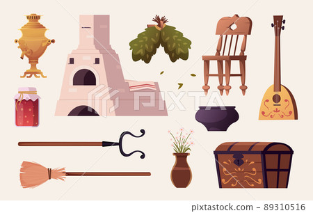 Russian interior. Authentic rural house oven old furniture collection samovar teapot for kitchen exact vector colored items Russian interior. Authentic rural house oven old furniture collection samovar teapot for kitchen exact vector colored items 89310516
