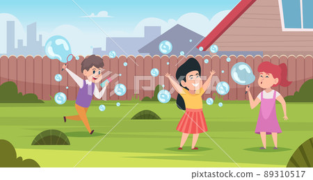Kids playing with foam. Happy little people in action poses entertainment with foam exact vector background in cartoon style Kids playing with foam. Happy little people in action poses entertainment with foam exact vector background in cartoon style 89310517