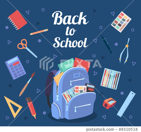 Back to school background. Backpack and school accessories education items exact vector concept illustrations Back to school background. Backpack and school accessories education items exact vector concept illustrations 89310518