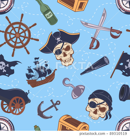 Pirate pattern. Drawing sailor elements wooden battle ship skull bones anchor weapons exact vector seamless background with pirate stylized symbols Pirate pattern. Drawing sailor elements wooden battle ship skull bones anchor weapons exact vector seamless background with pirate stylized symbols 89310519