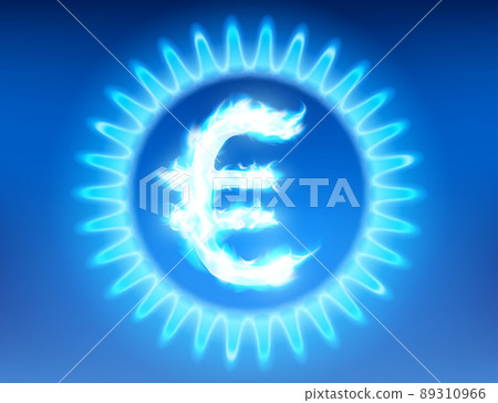 Euro currency symbol burns with a blue flame inside a gas stove. 89310966