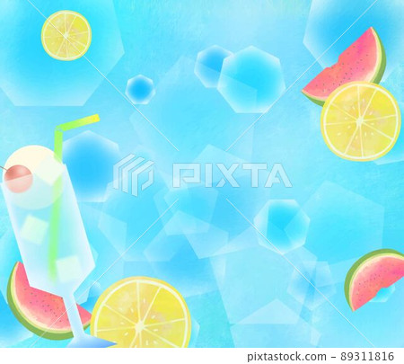 Summer cool fashionable light blue background material illustration of vanilla ice cream and cherry melon soda and lemon and watermelon 89311816