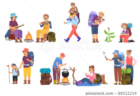 Family nature adventures. Hike friends, adventure or journey at holiday with father and mother. Cartoon travellers, active people in forest decent vector set Family nature adventures. Hike friends, adventure or journey at holiday with father and mother. Cartoon travellers, active people in forest decent vector set 89312214