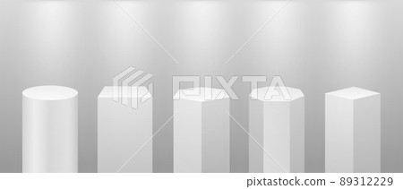 Museum stage. 3d pillars, white podiums for presentation. Squares and cylinders column, realistic empty platform for product with lights, exact vector set Museum stage. 3d pillars, white podiums for presentation. Squares and cylinders column, realistic empty platform for product with lights, exact vector set 89312229