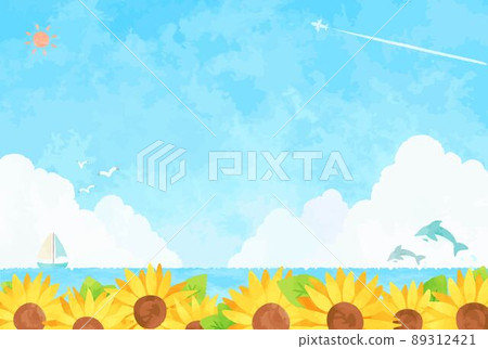 Beautiful blue sky, sea and sunflower landscape illustration Beautiful blue sky, sea and sunflower landscape illustration 89312421