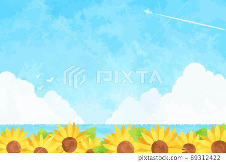 簡單而美麗的夏日大海和向日葵景觀插畫 89312422