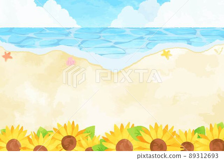 Beautiful hand-painted beach and sunflower landscape illustration 89312693