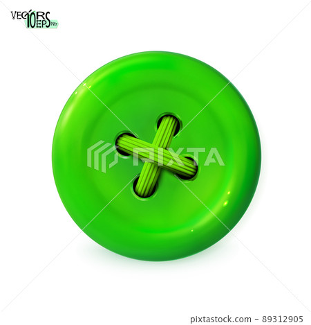 Clothes button, green icon. Realistic plastic sewing button isolated. Sewn with green threads. 89312905
