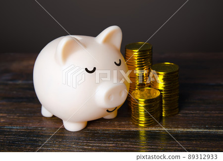 Calm piggy bank full of coins. Large savings. Success and prosperity. Abundant finance, liquidity. Financial management. Investment portfolio. Increasing income. Bank deposit 89312933