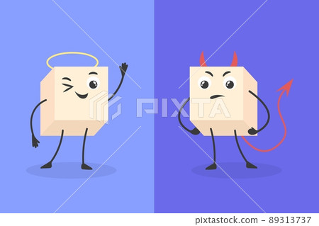 Bad and good cartoon sugar. Smile lump sugars cube character, candy devil vs angel concept healthy unhealthy food, happy sweets face, funny white cubes dessert vector illustration Bad and good cartoon sugar. Smile lump sugars cube character, candy devil vs angel concept healthy unhealthy food, happy sweets face, funny white cubes dessert vector illustration 89313737