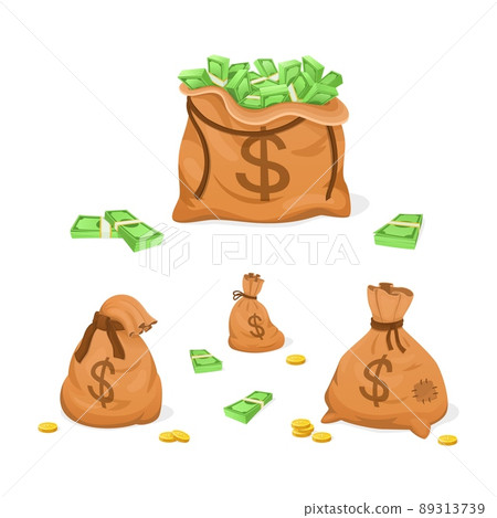 Cartoon sack cash. Large bag with stack money dollars, finance argent, bill debt, business economy, full pile save euro, shaped moneybag 100 hundred dollar, isolated exact vector Cartoon sack cash. Large bag with stack money dollars, finance argent, bill debt, business economy, full pile save euro, shaped moneybag 100 hundred dollar, isolated exact vector 89313739