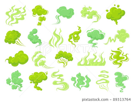 Smelly smoke. Pu stink clouds, old nasty odor green fumes poison gas bad aroma breath smelling fart, rotten food odour fragrance cooking effect, cartoon neat vector illustration Smelly smoke. Pu stink clouds, old nasty odor green fumes poison gas bad aroma breath smelling fart, rotten food odour fragrance cooking effect, cartoon neat vector illustration 89313764