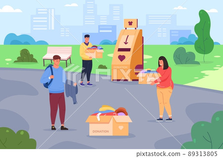 People donate clothes. Minimal cloth donatives, human donation give box with garment, thrift woman man recycle clothing help, vector illustration People donate clothes. Minimal cloth donatives, human donation give box with garment, thrift woman man recycle clothing help, vector illustration 89313805