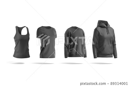 Blank black female t-shirt, tanktop, sweatshirt and hoodie mockup, isolated 89314001