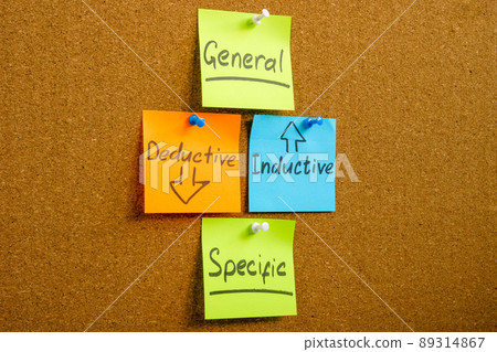 Stickers pinned on the desk. Deductive vs inductive reasoning. Stickers pinned on the desk. Deductive vs inductive reasoning. 89314867