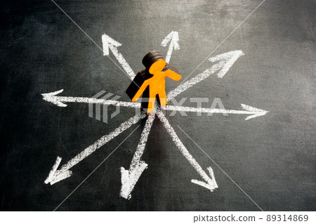 Figure and arrows in different directions. Analysis of Alternatives concept. 89314869