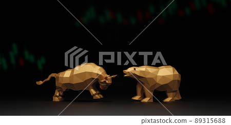 Bull and bear with candlestick chart on black background 3D render Bull and bear with candlestick chart on black background 3D render 89315688